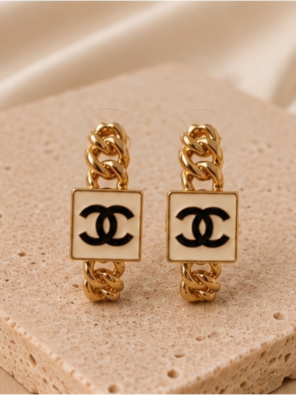 Designer Inspired Ivory Enamel Chain Link Statement Earrings